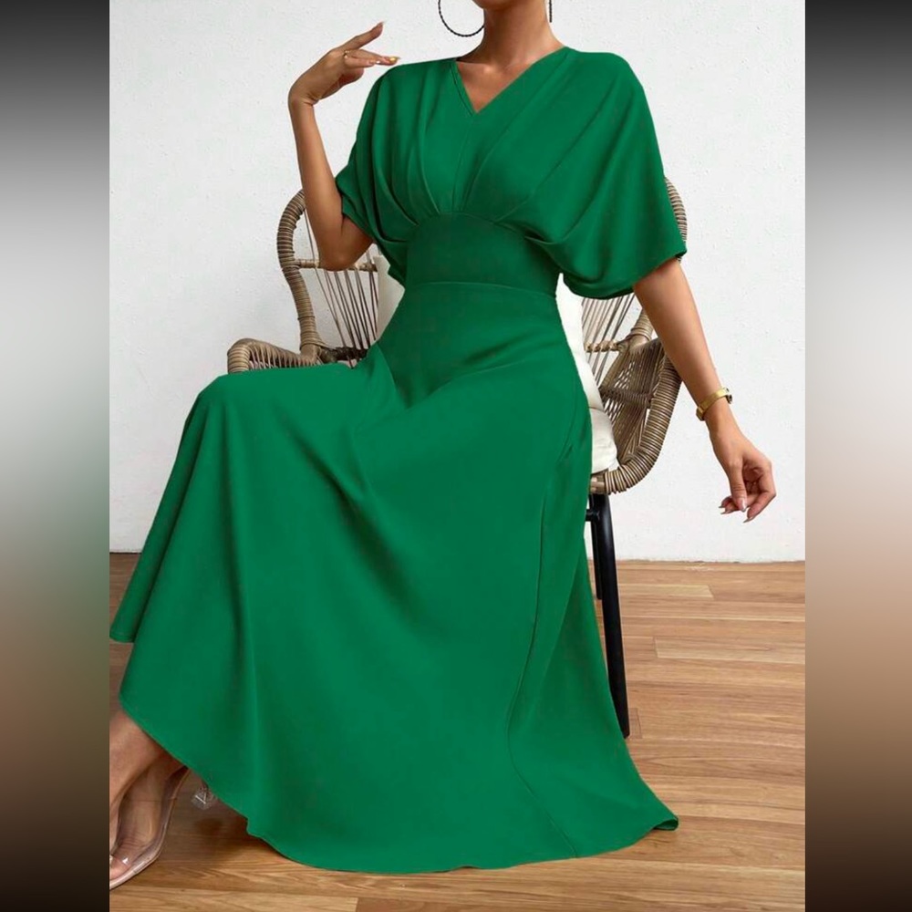 Elegant Classic Ruched Batwing Sleeve Dress Green